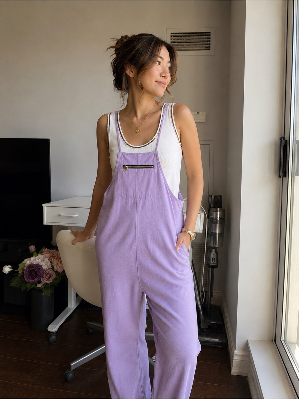 Lavender Cotton Overalls Sleeveless Romper with two side pockets Painter Outfit